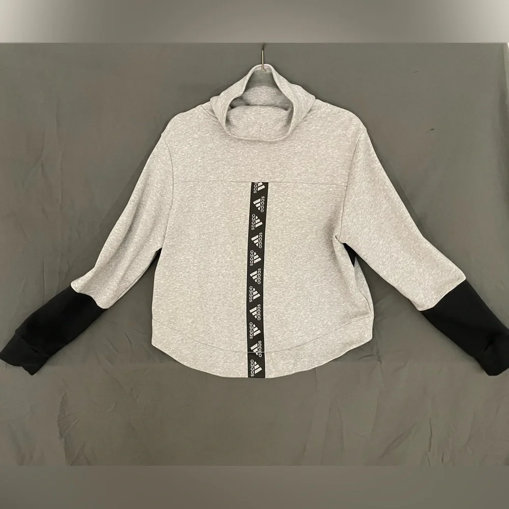 Adidas Womens Grey Cropped High Low Cowl Neck Sweatshirt with Stripe - Size L - Picture 6 of 8